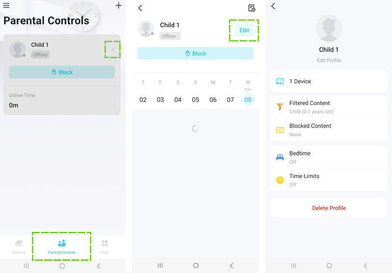 Editing profile parental controls